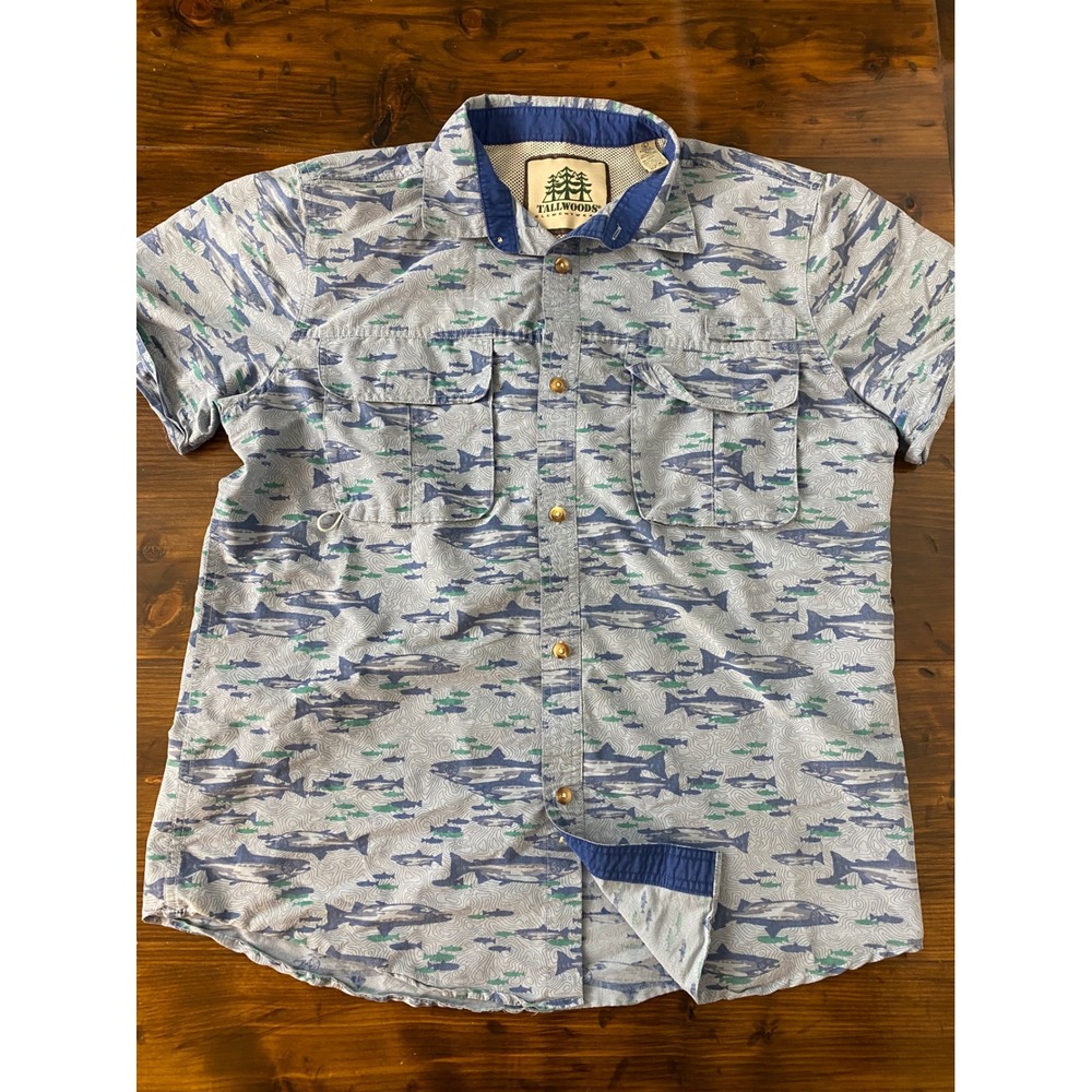 Tallwoods Elementwear Mens L Fishing Shirt Blue Fish Topo Short Sleeve SKU A163